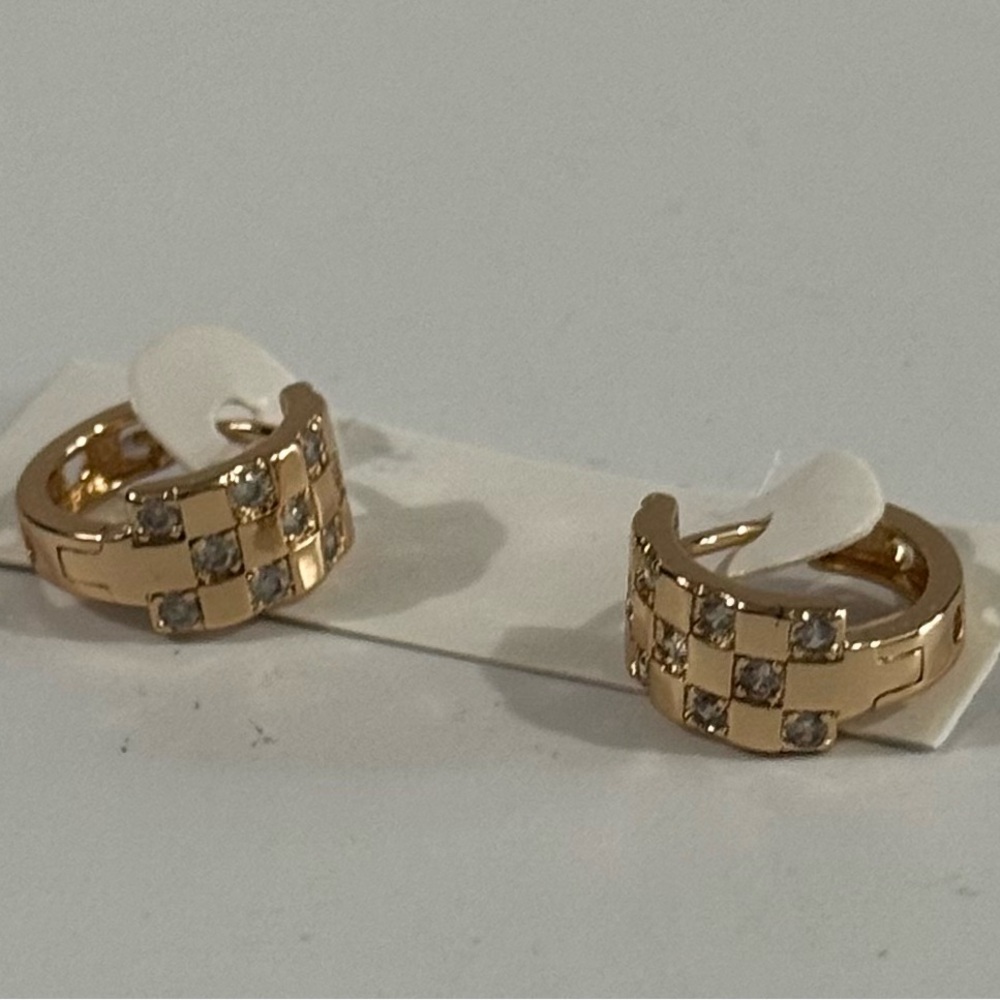 NWT Gold Tone Checkered CZ Hoop Earrings